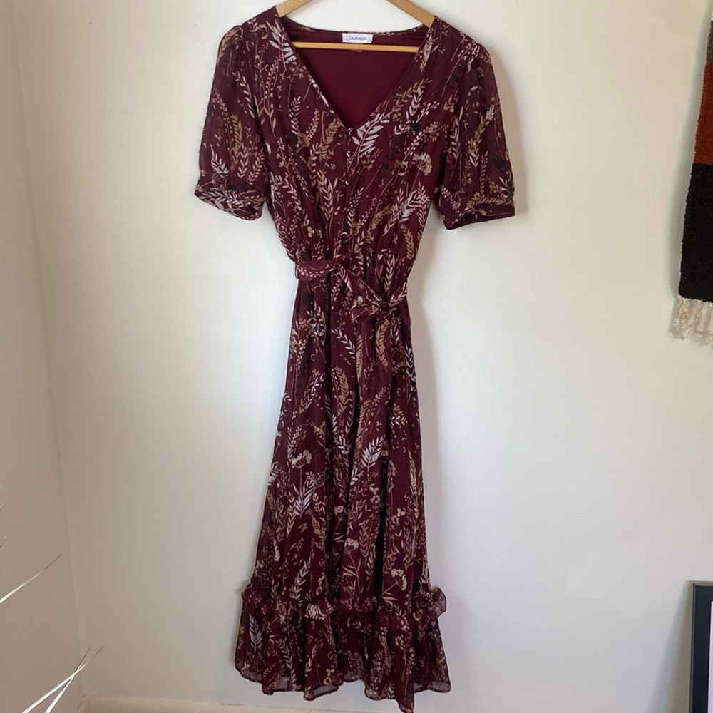 Calvin Klein Burgundy Floral Print Maxi Dress